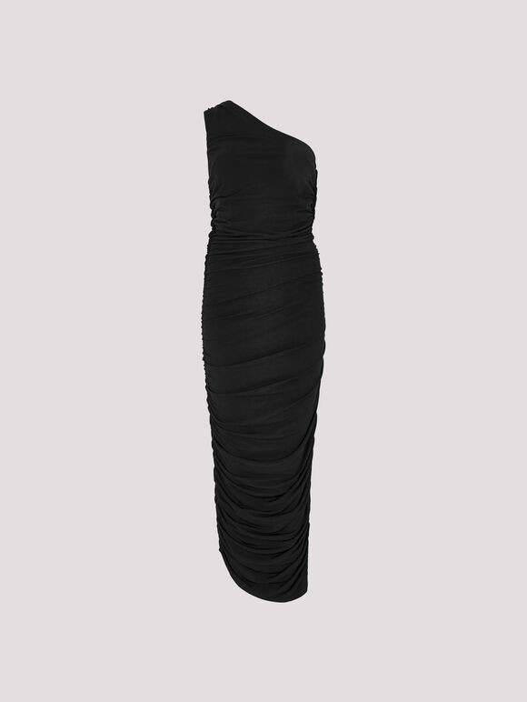 One Shoulder Ruched Maxi Dress, Black, large