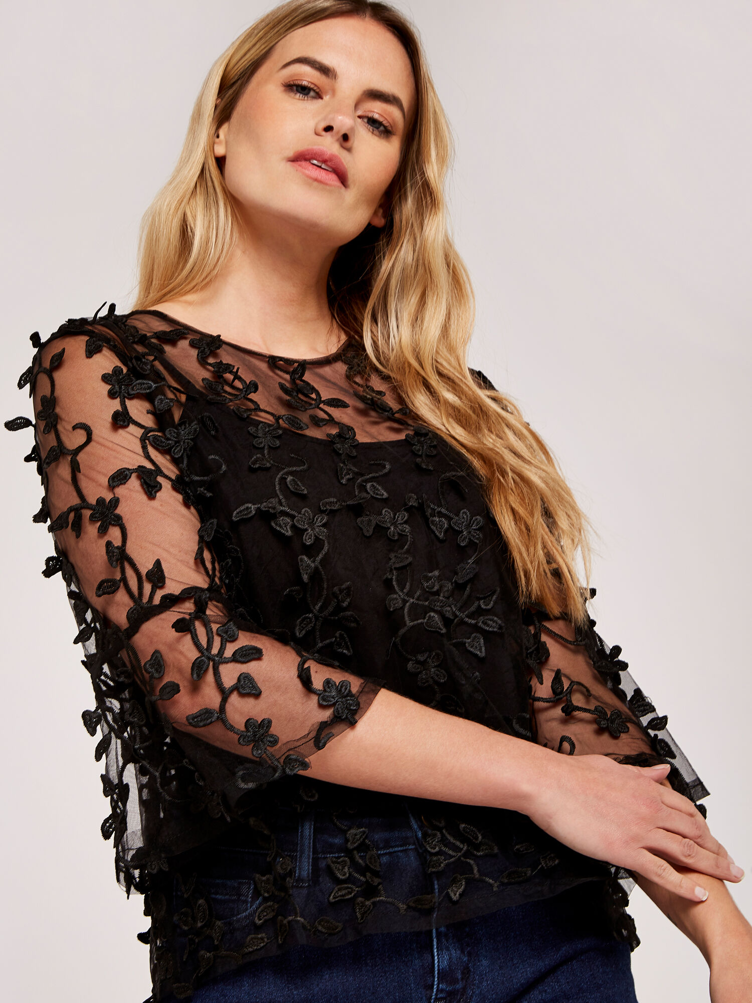 Lace Applique Mesh Top Apricot Clothing