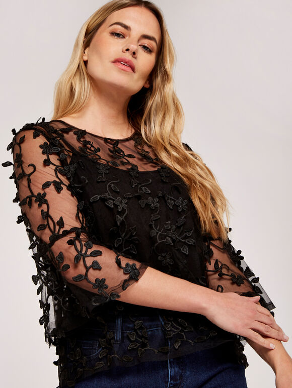 Lace Applique Mesh Top, Black, large