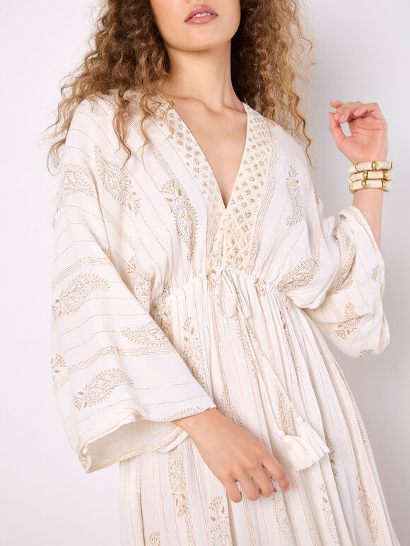 Gold Shimmer Paisley Midi Dress, Cream, large