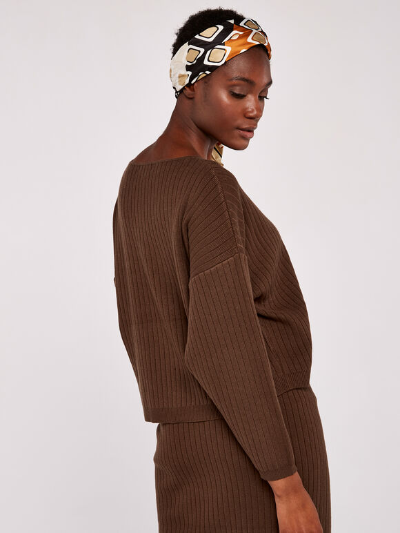 Vertical Rib Slash Neck Jumper, Brown, large