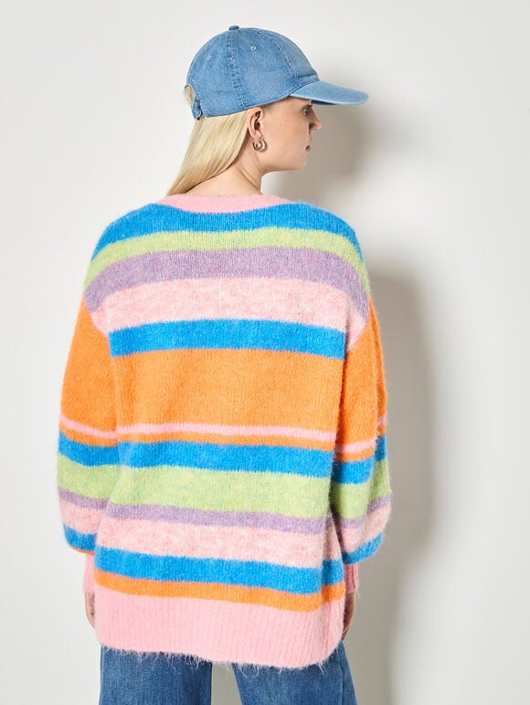 Colourful Stripe Fluffy Knit Cardigan, Pink, large