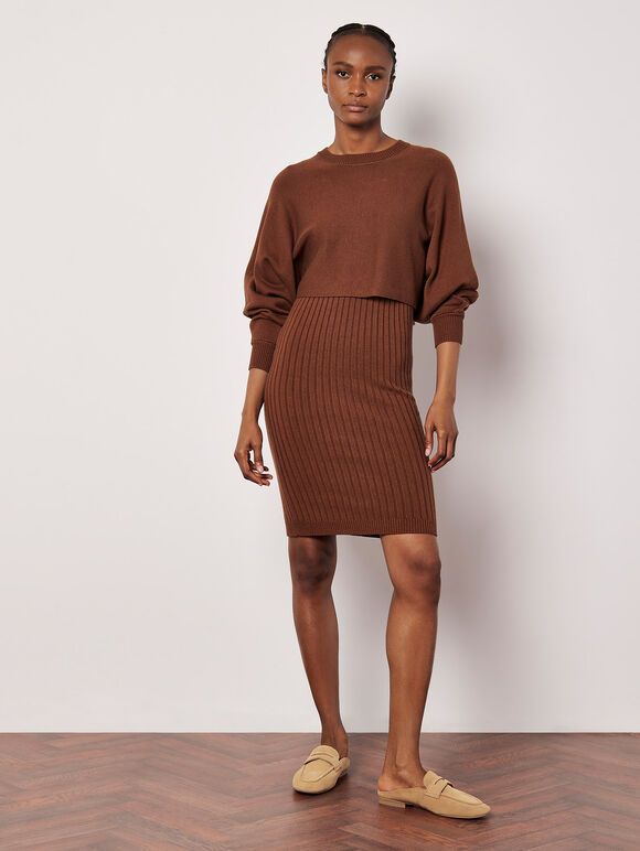 Ribbed Knit Bodycon Midi Dress, Rust, large