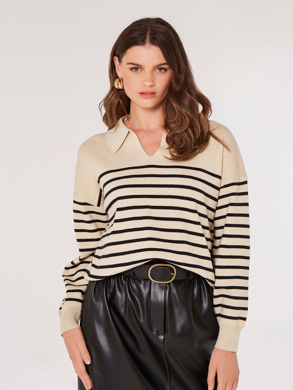 Open Collar Stripe Knit Jumper, Stone, large