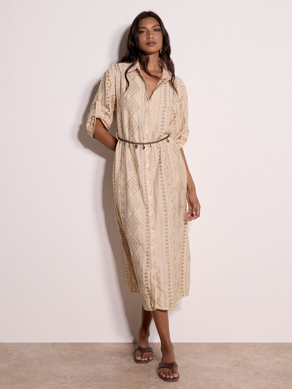 Geometric Shimmer Embroidered Shirt Midi Dress, Stone, large