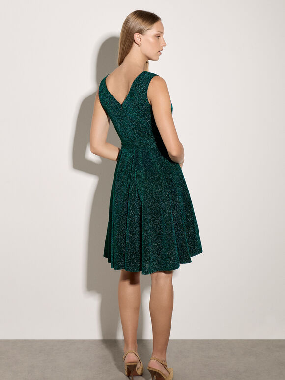 Metallic Pleat Skater Mini Dress, Teal, large