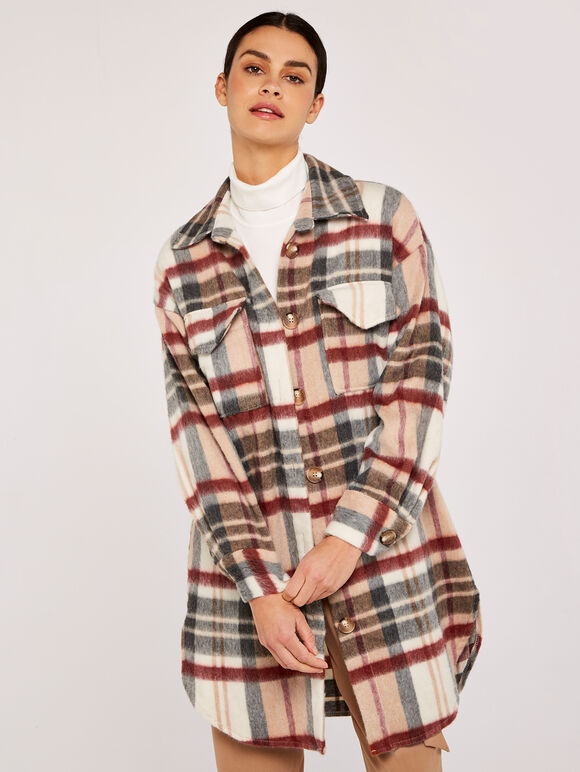 Plaid Print Longline Shacket, Burgundy, large