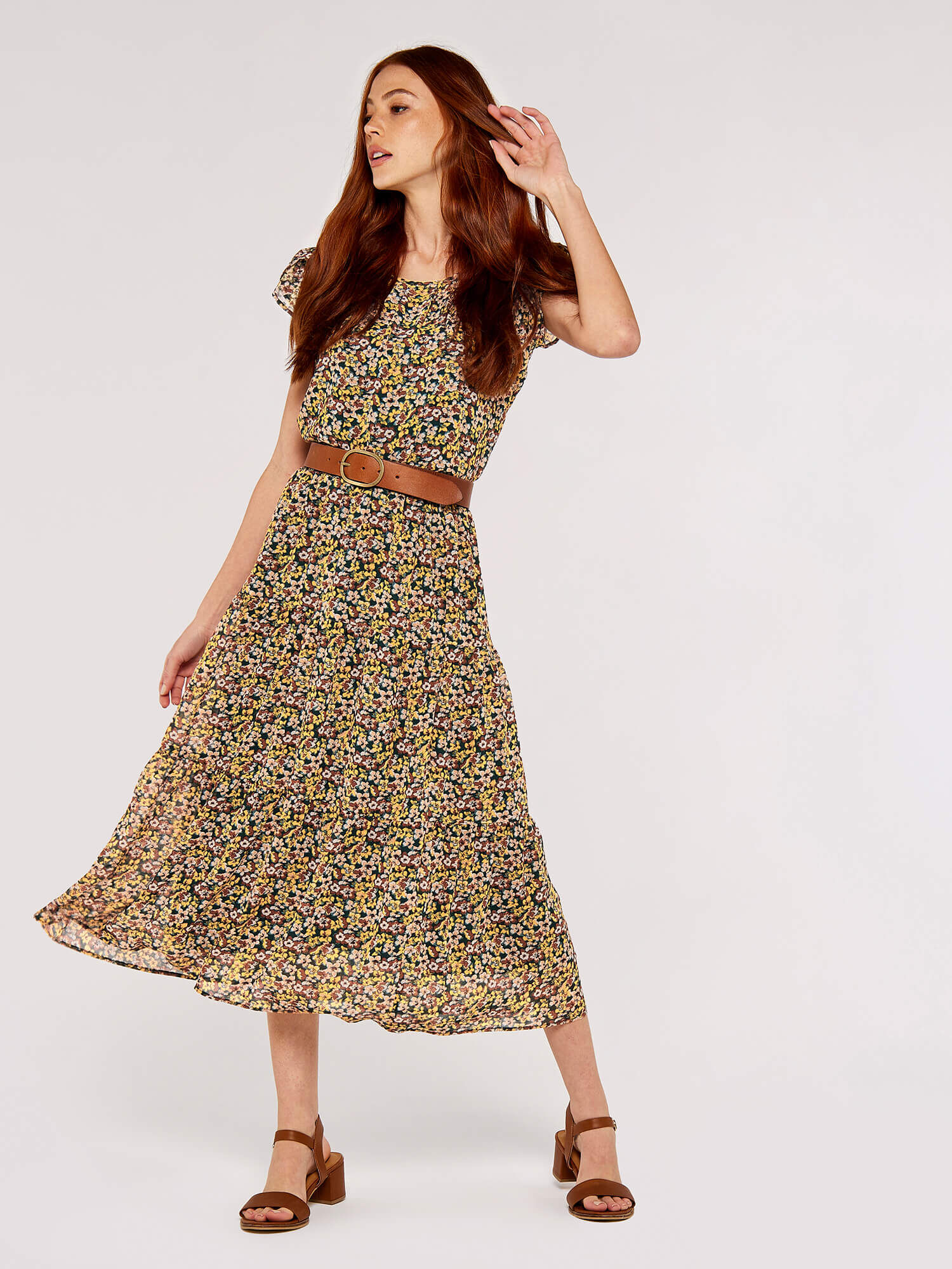 Ditsy Tulip Sleeve Top Apricot Clothing