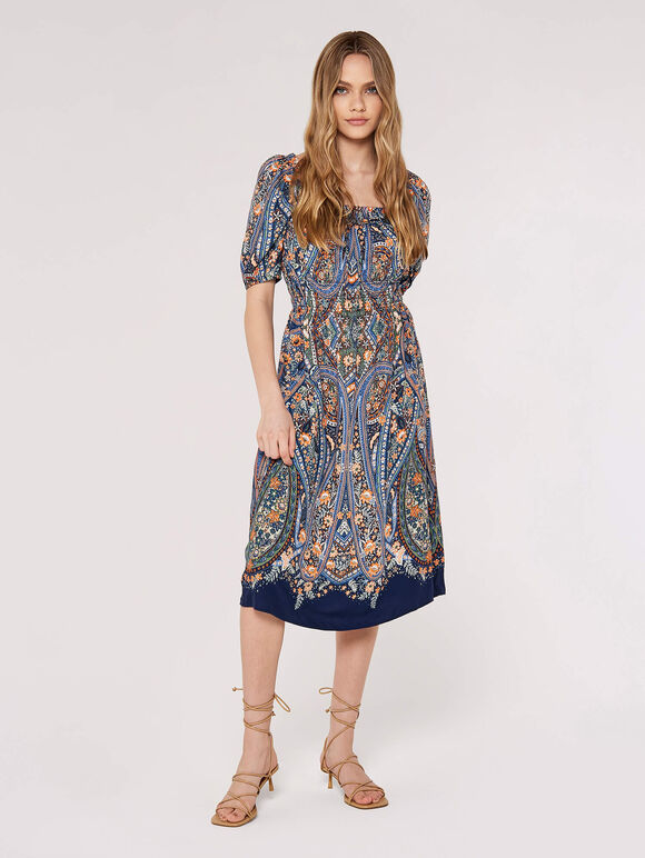 Diamond Paisley Midi Dress, Blue, large