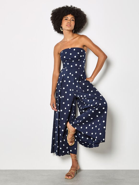 Polka Dot Bow Back Wide-Leg Jumpsuit, Navy, large