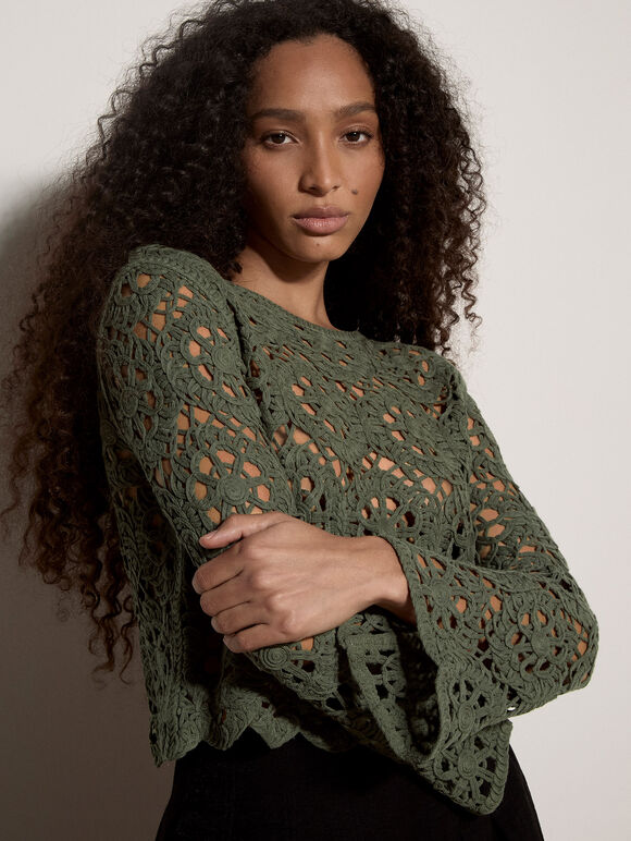 Boho Floral Cotton Crochet Top, Khaki, large