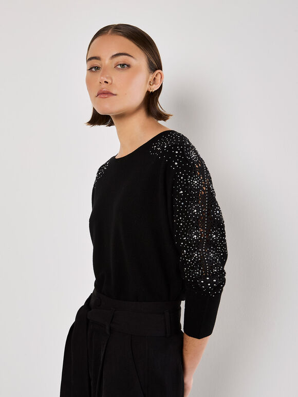 Lace Rhinestone Embellished Jumper, Black, large