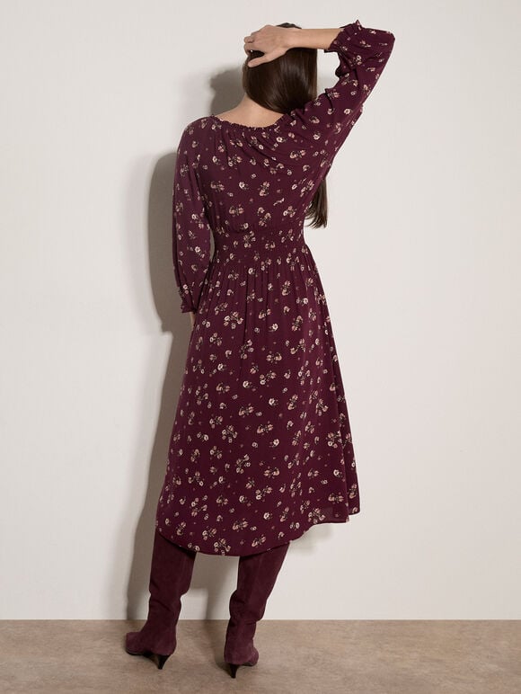Floral Midi Dress, Burgundy, large