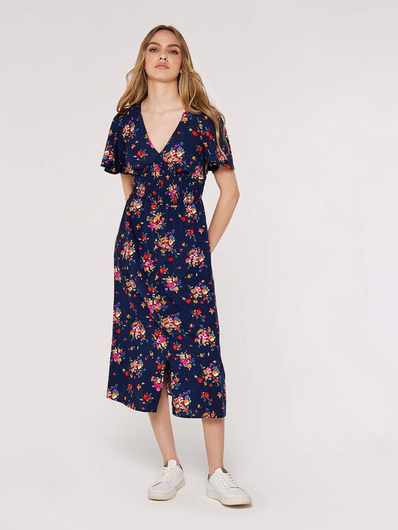 Smocked Bodice Midi Dress, Navy, large