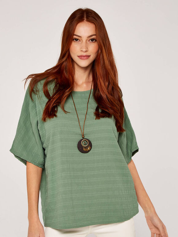 Textured Oversized Necklace Top, Green, large