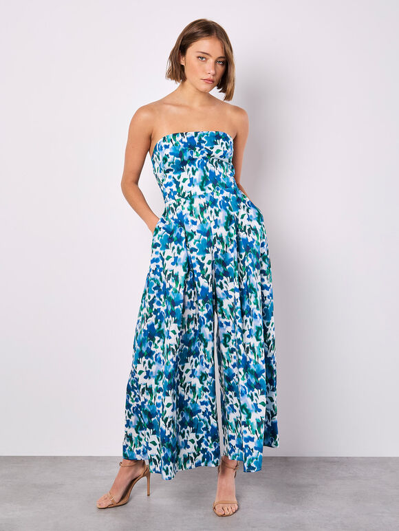 Floral Ikat Palazzo Jumpsuit, Blue, large