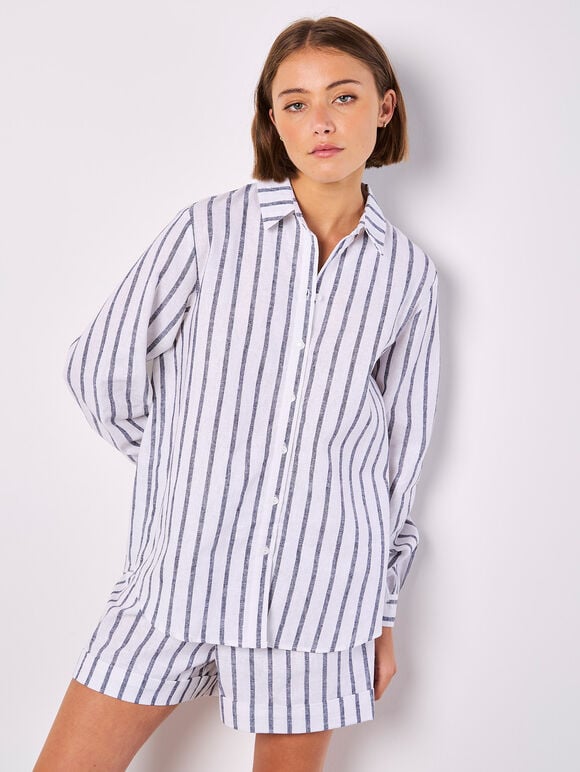Striped Linen Shirt, Navy, large