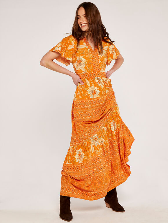Floral Patchwork Print Maxi Dress, Orange, large