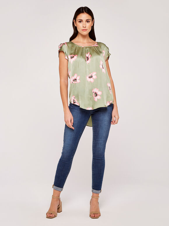 Large Flower Satin Tulip Top, Mint, large