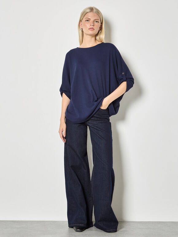 Waffle Knit Button Detail Top, Navy, large