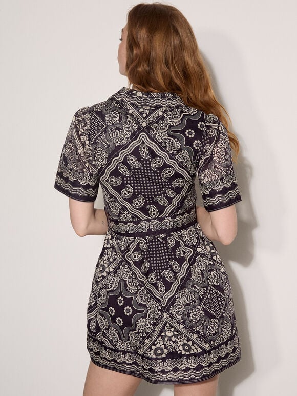 Scarf Print Shirt Mini Dress, Navy, large