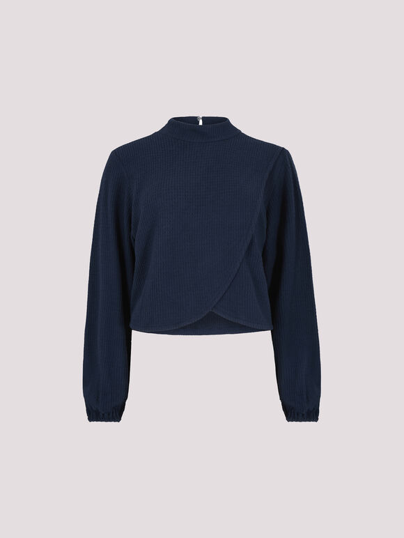 Waffle Knit Wrap Top, Navy, large