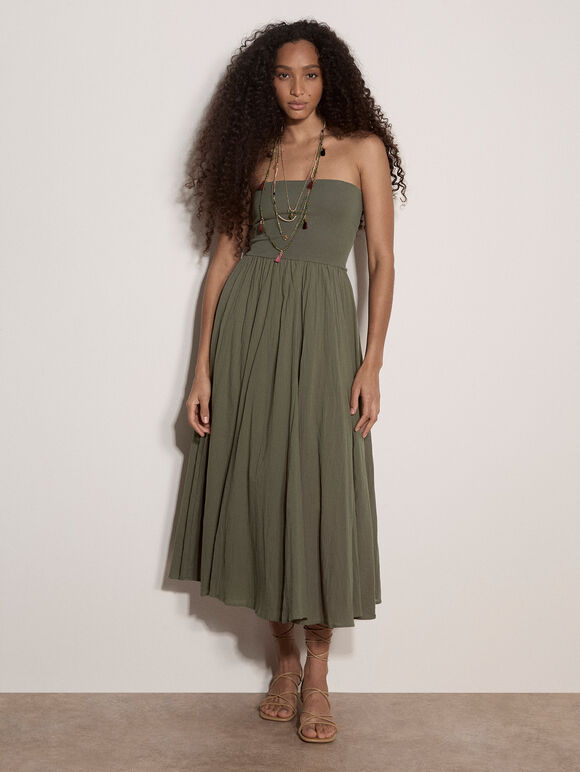 Jersey Waistband Cotton Midaxi Skirt, Khaki, large