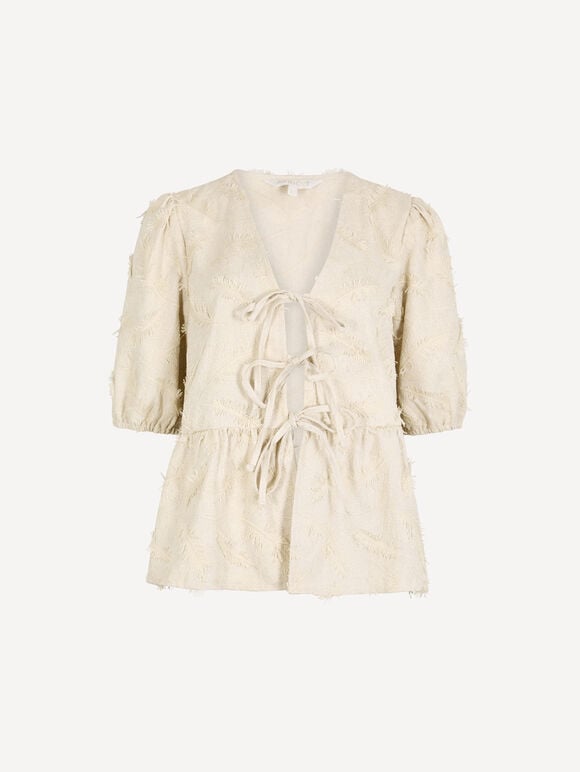Eyelash Embroidery Linen Blend Blouse, Stone, large