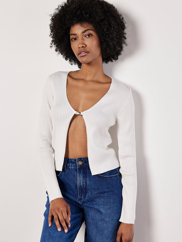 Ribbed Knit Front Clip Cardigan, Cream, large