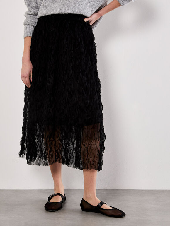 Wavy Tulle Midi Skirt, Black, large