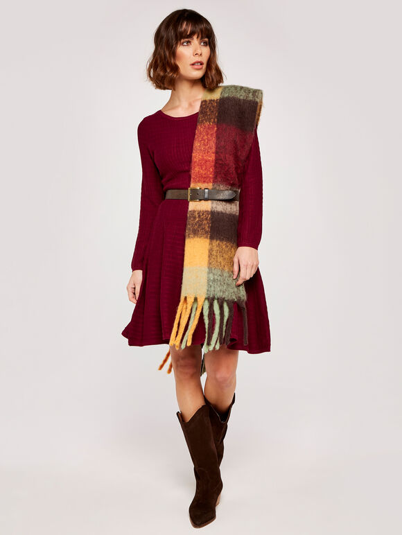 Textured Knitted Skater Dress, Burgundy, large