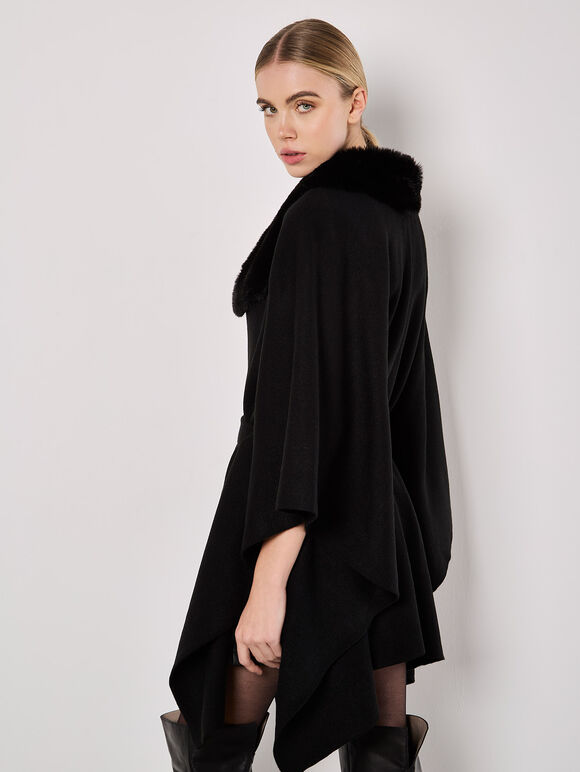 Faux Fur Collar Poncho, Black, large