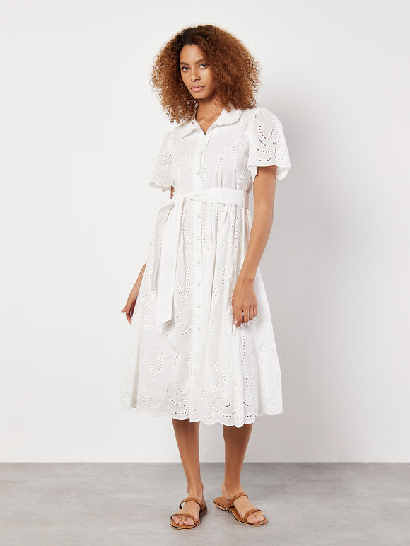 Cotton Broderie Midi Dress, White, large
