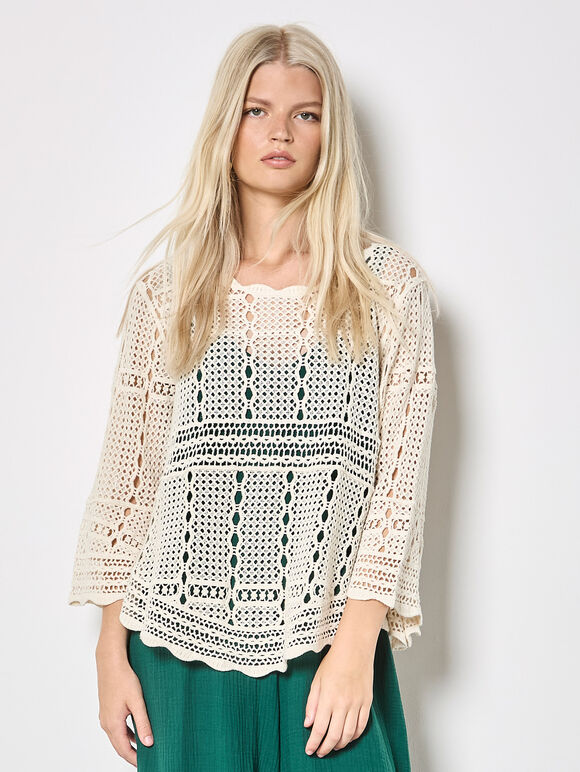 Bell Sleeve Crochet Top, Stone, large