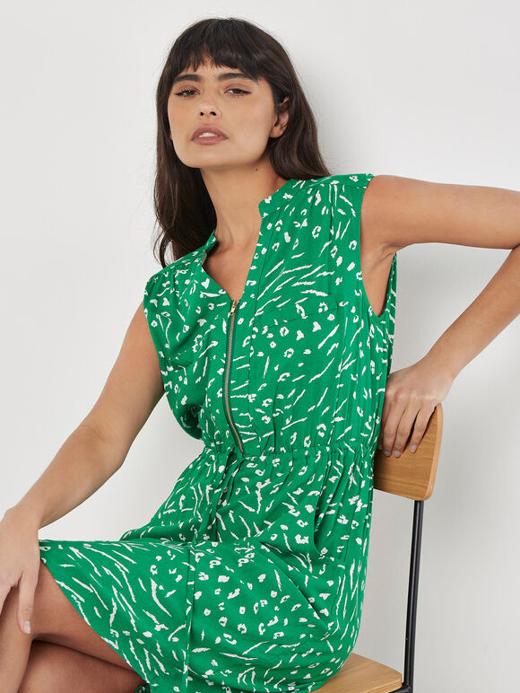 Animal Print Zip Mini Dress, Green, large
