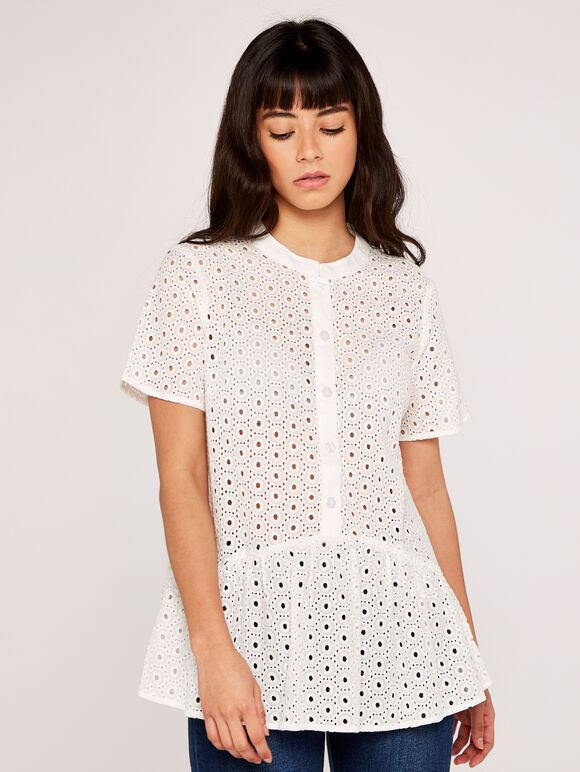 Broderie Peplum Top, Cream, large