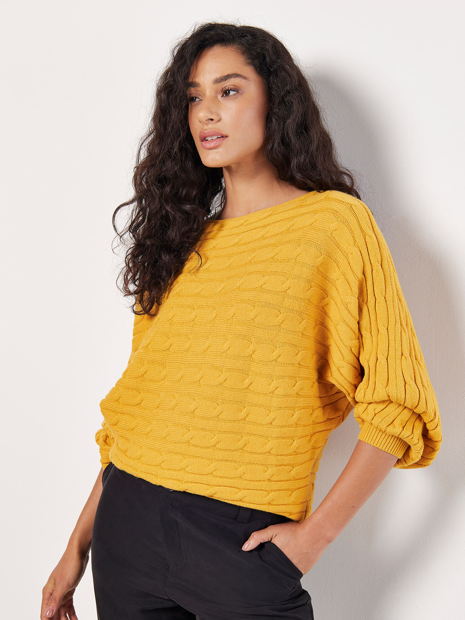 Cable Stripe Batwing Aran Jumper Apricot Clothing
