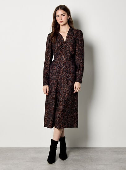 Animal Print Ruched Shirt Midi Dress
