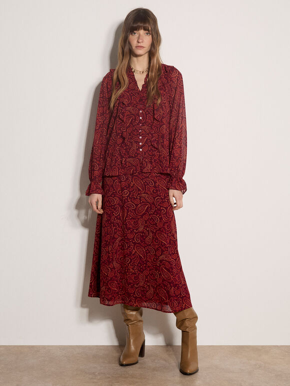 Paisley Chiffon Ruffle Blouse, Burgundy, large