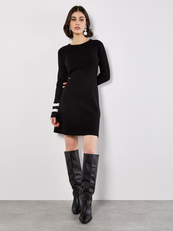 Stripe Cuff Fit And Flare Knit Mini Dress, Black, large