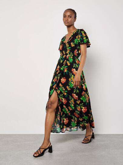 Tropical Print Wrap Maxi Dress