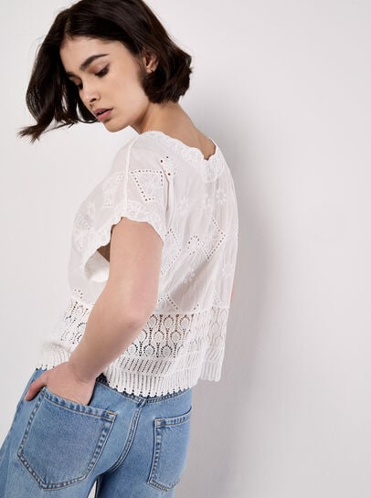 Embroidered Mesh And Lace Cotton Top