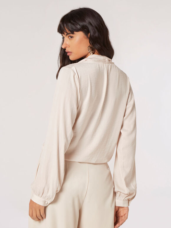 Textured Satin Wrap Top, Stone, large