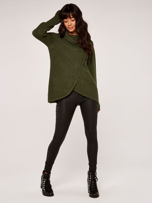 Roll Neck Wrap Jumper, Khaki, large