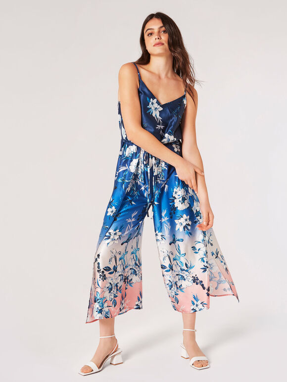 Floral Ombre Satin Split Leg Jumpsuit, Navy, large