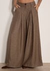 Herringbone Tweed Wide-Leg Trousers, Brown, large