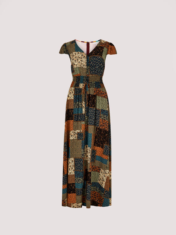 Robe Maxi Smockée Patchwork, Marron, large