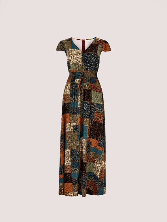 Patchwork Smocked Maxi Dress, Brown, large