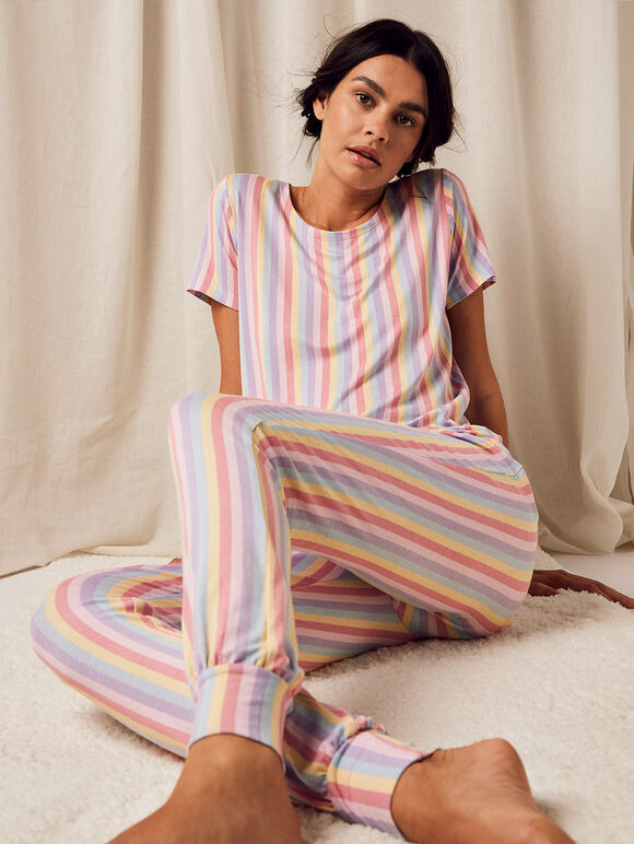 Rainbow Stripe Pyjama Trouser, Pink, large