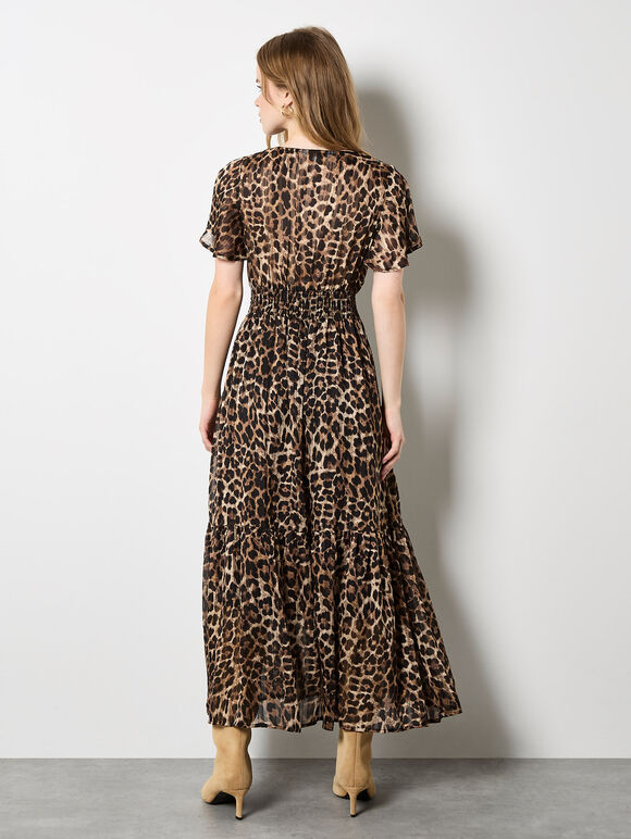 Leopard Shimmer Self-Stripe Maxi Dress, Brown, large